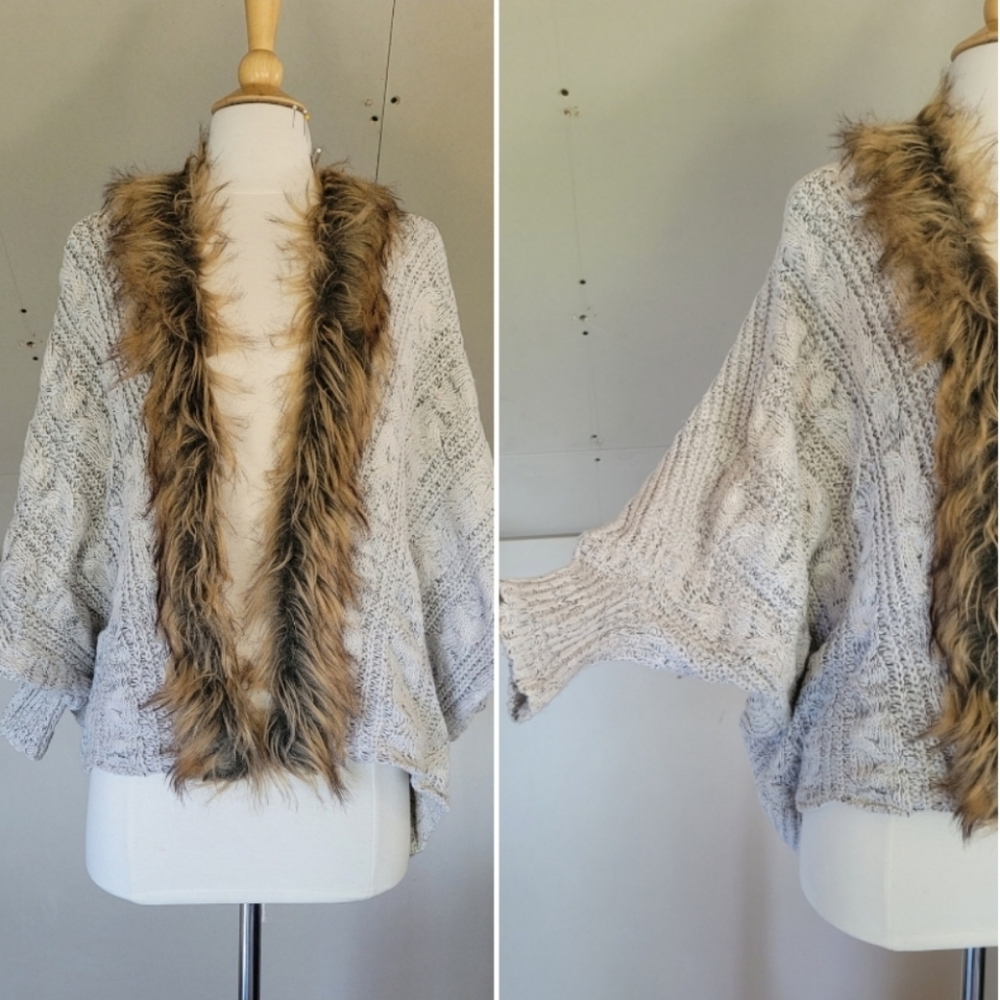 Knit Bat Wing Cardigan Sweater with Fur Trim